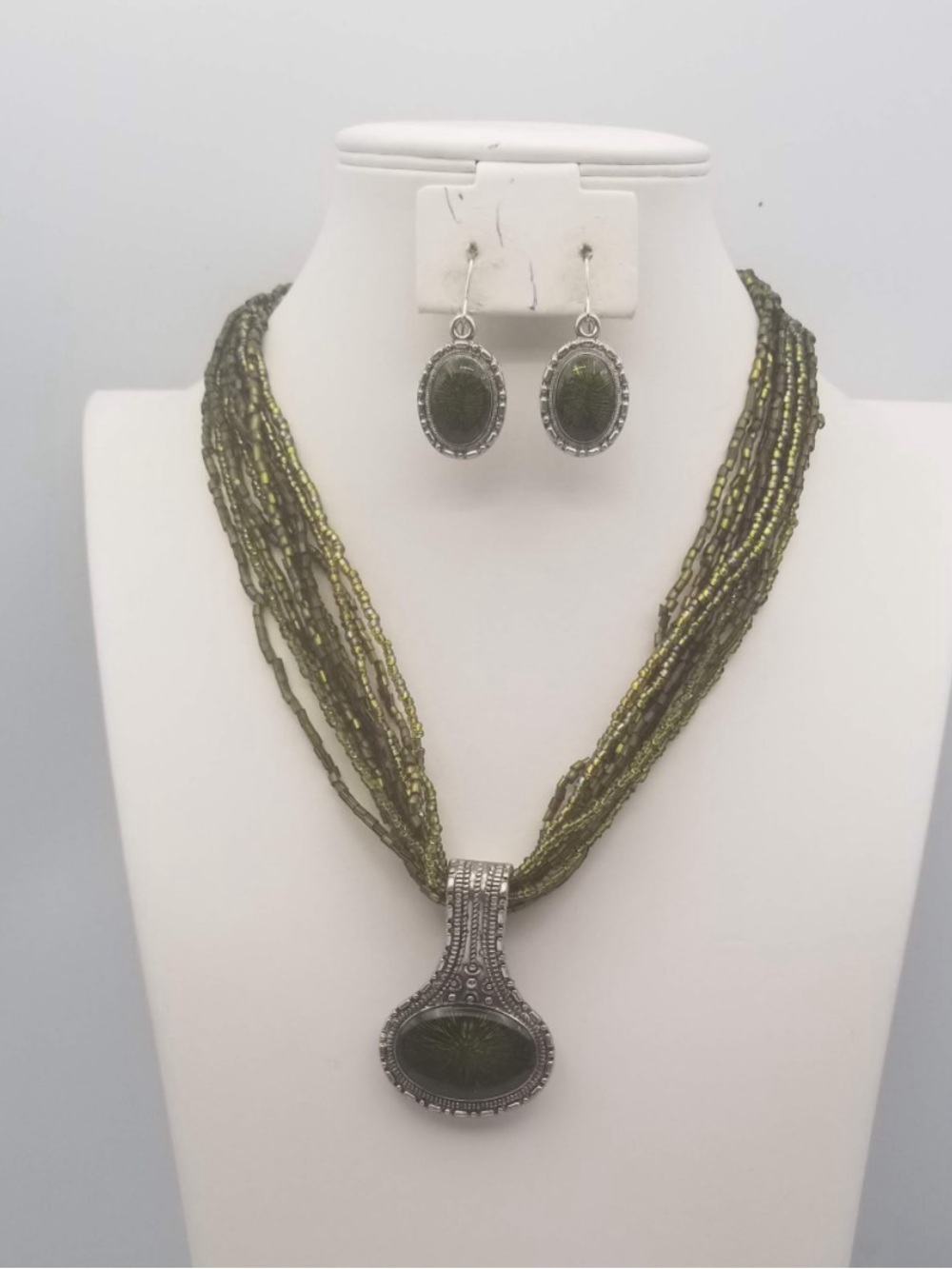 Olive Green Beaded Pendant Necklace and Earrings Set